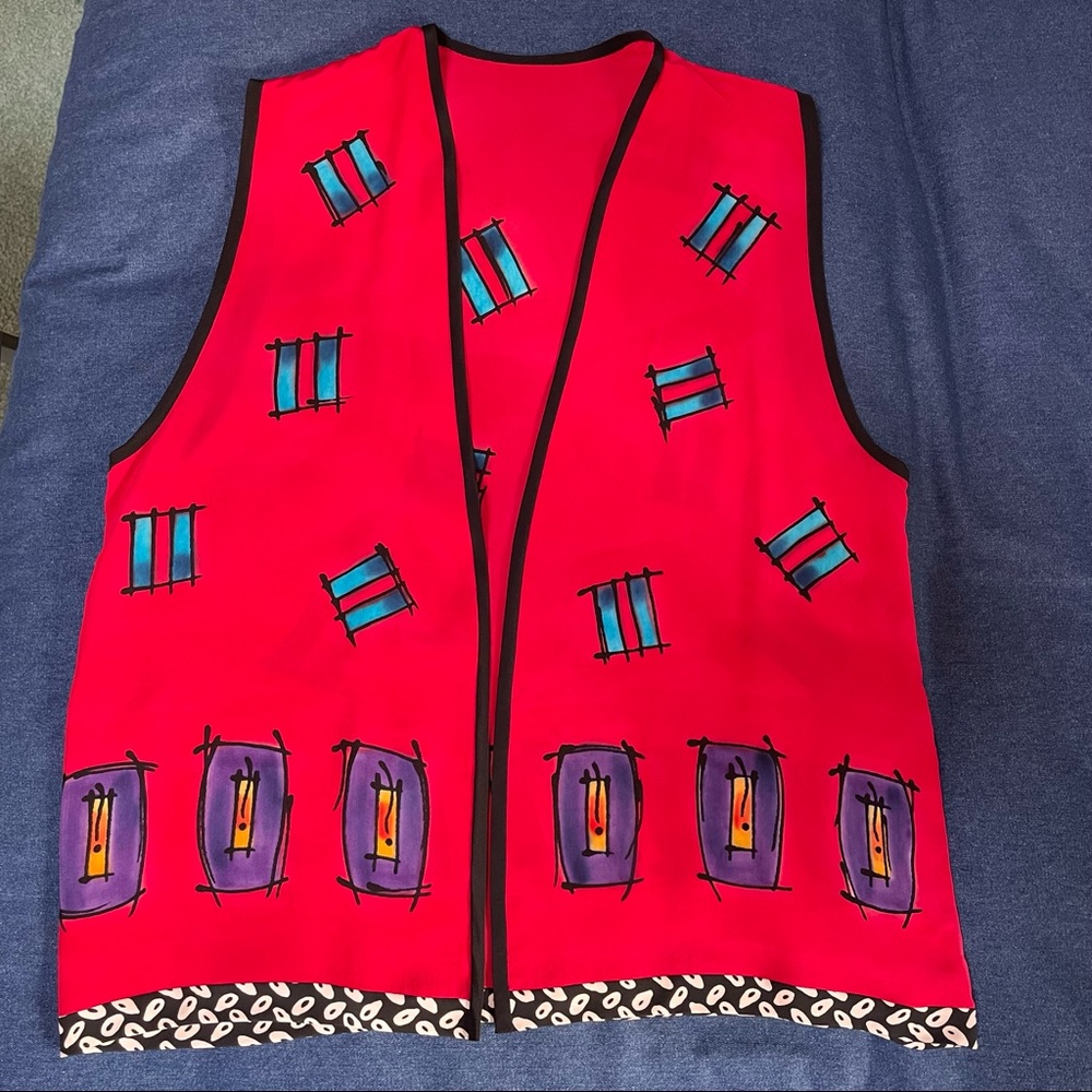 Red hand-painted silk vest by fiber artist Mary McFarland
